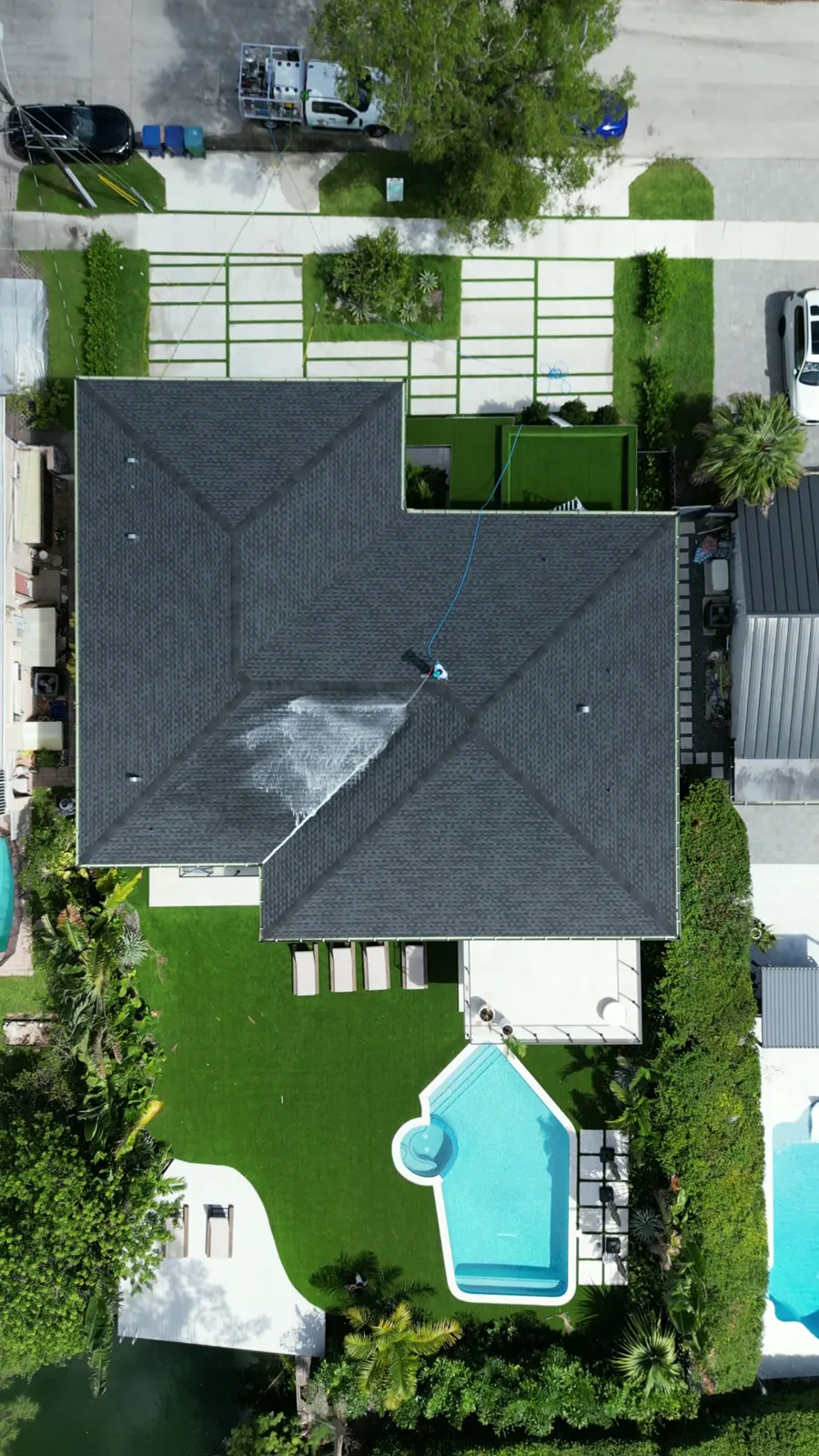 Tile roof soft wash in progress
